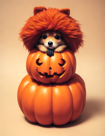 Small dog in pumpkin costume for Halloween, toyの素材