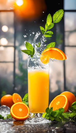Glass of orange juice with ice, splashing water, levitating mint leaves and oranges on wet table surface with sun backlight and blurry backgroundの素材