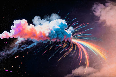Colorful cloud with sparks and trails on a dark sky backgroundの素材