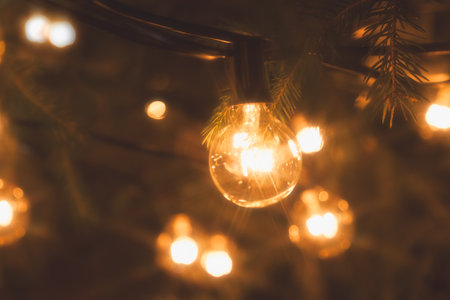 Background - electric garland with incandescent bulbs, yellow warm light, retro style, star filter,...