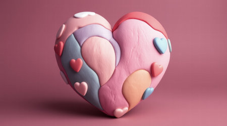 A textured heart-shaped object in pink, blue, yellow, and white, featuring a bumpy surface and tiny colorful hearts, set against a pink backgroundの素材