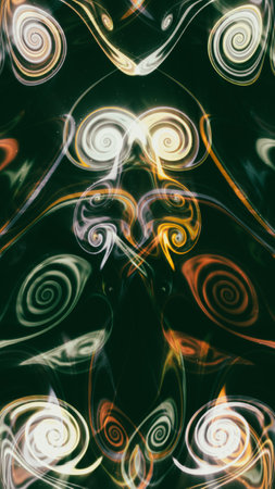 Abstract design with swirling, iridescent forms and dynamic shapes. Simulation of fluid texture,...