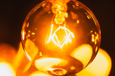 Incandescent bulb of electric garland in retro style, extreme close-up, warm yellow light, Christmas...