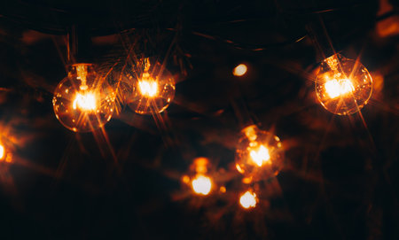 Electric garland with incandescent bulbs, yellow warm light, retro styleの写真素材