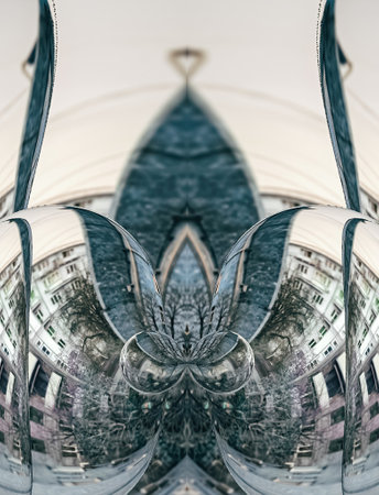 Cityscape in kaleidoscope mirrors, distortions of urban architecture, abstractの写真素材