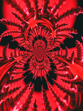A kaleidoscope of red metallic screws forms a hypnotic pattern, creating depth and motion that draws viewers into a vortex of mesmerizing, unsettling repetitionの写真素材