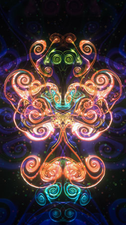 A symmetrical pattern of swirling, glowing lines in vibrant colors. A kaleidoscope of light dancing across a dark background. Simulation of fluid texture, liquid paintの写真素材