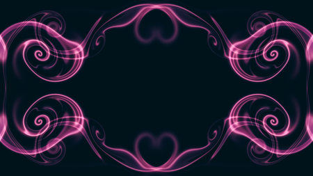 Unique abstract symmetrical patterns of glowing neon liquid lines, shapes and swirls on a dark background, copy space in the center. Pink color.の写真素材