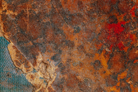 Close-up of a weathered surface showcasing reddish brown, orange, blue, and black hues. The rough,...