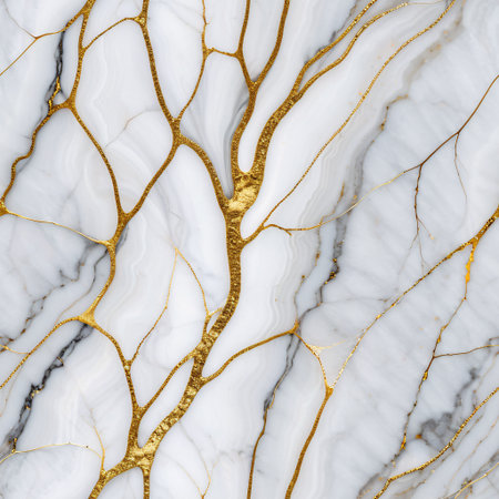White marble background with intricate golden veins. The veins branch out in a network, creating a luxurious and elegant texture. Seamless pattern, one tileの素材