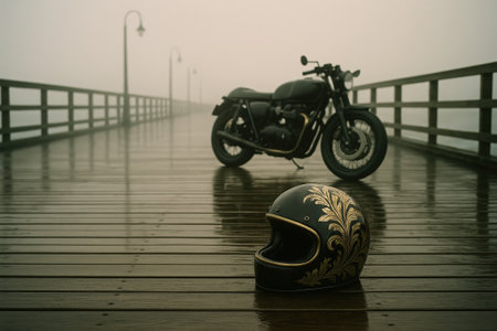 Glossy black open face helmet with gold floral scrollwork rests on slick wooden planks of a foggy pier, as a vintage motorcycle looms in the background, its silhouette softened by mist and rainの素材