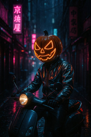 Rider with a glowing jack-o-lantern head sits on a scooter in a rain soaked alley. A shiny black leather jacket and gloves reflect street light as pink signs glow, creating a noir cyberpunk atmosphereの素材