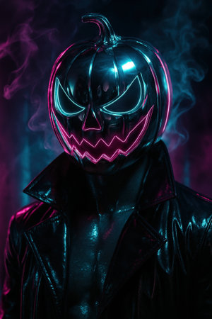 The figure in the pumpkin mask is a chrome pumpkin head with neon blue eyes and a jagged pink mouth, perched on a glossy black leather jacket. Halloween moodの素材