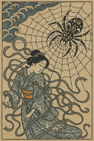 Traditional woodblock scene shows a blue kimono with wave motifs, flowing hair, and curling tendrils wrapping the figure. A large spider sits in a wide web over a sea backdrop. Addiction conceptの素材