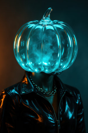 Close up portrait of a person wearing a hollow glass pumpkin as a headpiece, masking the face. Teal glow from the pumpkin contrasts with warm amber on the left, complemented by a shiny leather jacketの素材