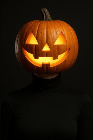 A whimsical portrait of a man with a pumpkin head carved into a jack-o'-lantern, glowing from within. He wears a black turtleneck and a dark backgroundの素材
