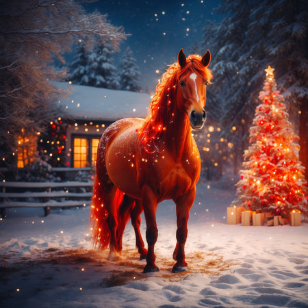 Chestnut horse stands calm in a snowy yard at night, in a warm glow. Cozy house glows, a tree with candles adds festive warmth as tones mix with snowの素材