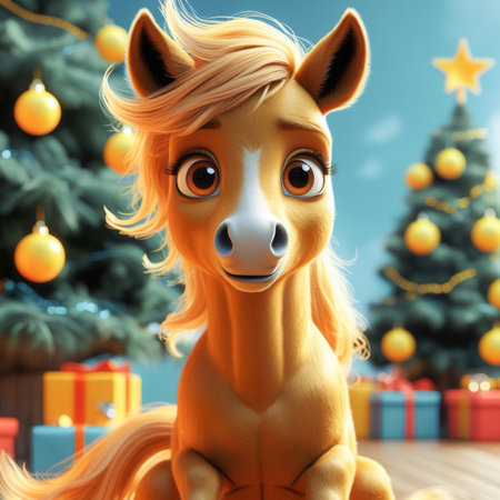 Bright yellow cartoon horse with flowing peach mane sits outdoors on cobblestones, surrounded by decorated Christmas tree and wrapped presents, creating festive holiday sceneの素材