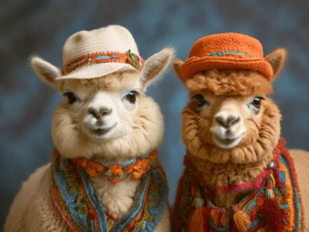 Two adorable alpacas, one wearing a white hat and the other a bright orange beanie, both adorned with colorful scarves and tassels, stare directly at the cameraの素材