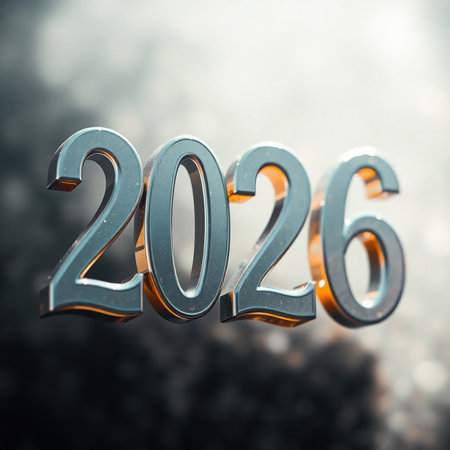 Four glossy chrome digits spell 2026, with rounded beveled edges and a warm orange under glow. They float before a soft bokeh backdrop, creating a cinematic, futuristic moodの素材