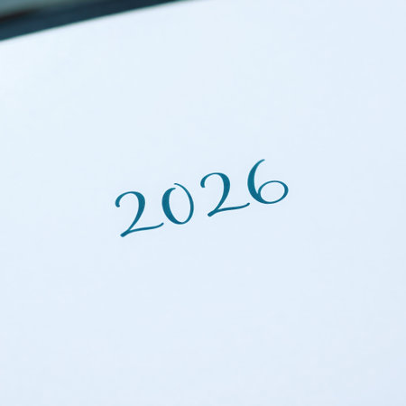 Pale page with teal calligraphic 2026 positioned slightly above center, tilted gently upward to the rightの素材