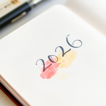 Close-up journal page with elegant 2026 lettered over coral and pale yellow watercolor washes. Black pen lies out of focus at upper left. Bright, airy lighting and soft bokehの素材