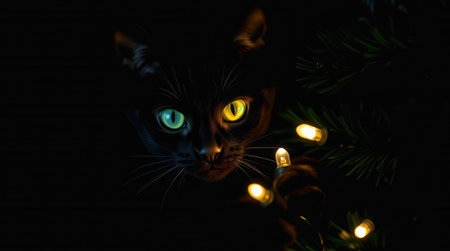Black cat with one green and one yellow eye interacts with warm string lights amid pine needlesの素材