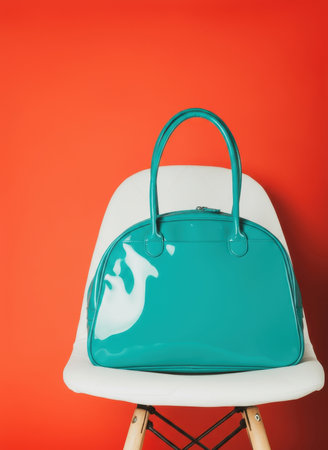 A glossy turquoise handbag with structured shape and dual handles rests on a sleek white chair with wooden legs positioned against an orange-red gradient backdrop, emphasizing style and color contrastの素材