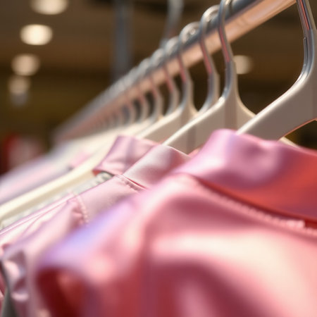 Close-up of pink satin shirts hanging neatly on white clothes hangers. The blurred background emphasizes the elegance and presentability of the sales area.の素材