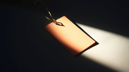 An orange tag rests on a dark surface, illuminated by a beam of soft light, creating a serene and minimalistic contrast that highlights its shape and textureの素材