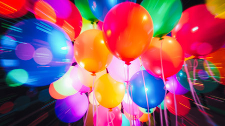 A multitude of vibrant balloons in various colors creates an energetic atmosphere. The balloons seem to pop, surrounded by a dazzling blur of light in deep darkness. Blurred motionの素材