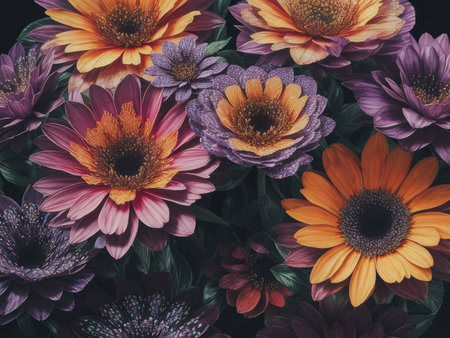 Paper flowers. A vibrant bouquet of flowers in various shades of orange, pink, and purple fills the frame. The petals are delicately textured, showcasing a mix of smooth and velvety surfacesの素材