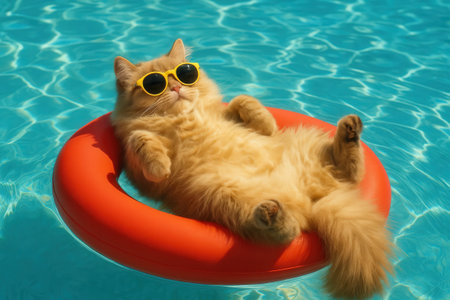 Cat wearing yellow sunglasses rests on an orange pool float in a blue pool, lying on its back with paws raised and head turned to the side, creating a playful poolside sceneの素材