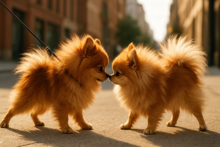 Two fluffy Pomeranian dogs with golden orange coats stand on a sunny city street, noses touching. One on a leash, blurred backgroundの素材