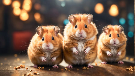 Three hamsters under the bright light of a street lamp, against the backdrop of the city's nighttime lightsの素材