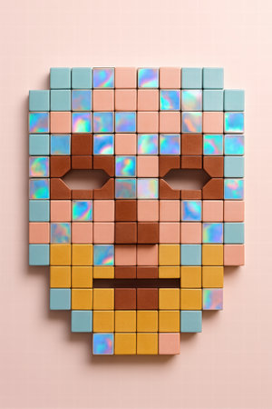 A pastel mosaic of square blocks forms a face like mask. Iridescent tiles sparkle amid peach, pink, blue and yellow tones on a soft pink backdropの素材
