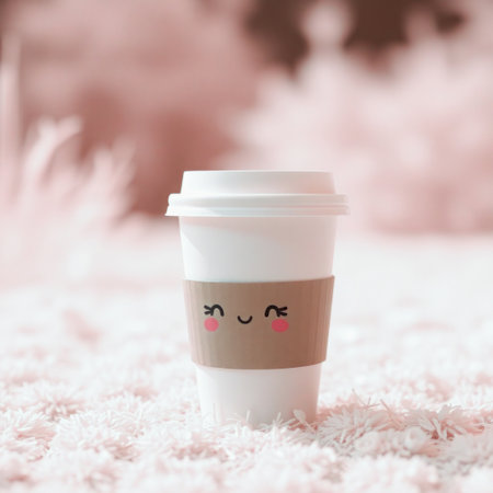 A cheerful coffee cup adorned with a cute face rests atop soft white flowers, pastel-toned environment. Coffee to goの素材