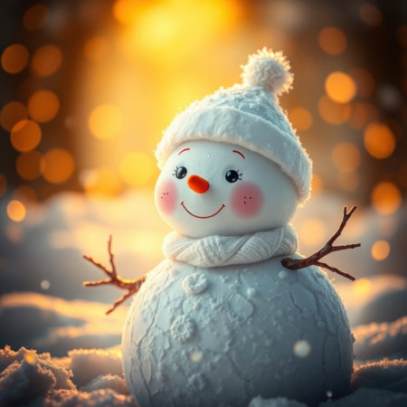 A cheerful snowman with a hat and scarf stands in a snowy setting, surrounded by soft snowflakes glimmering in the sunlight, embodying the essence of winter joy and funの素材
