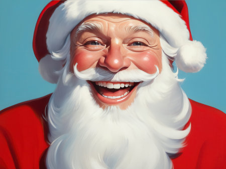Drawn portrait of laughing Santa Claus in retro style on blue background, close-upの素材