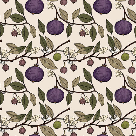 A delicate branch of fig tree is adorned with plump purple figs and lush green leaves against a pale background. Seamless pattern, four tilesの素材