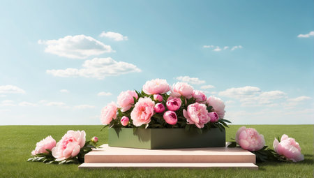 Podium - a lush selection of pink peonies arranged on a light green box sits under a bright blue sky. Soft clouds float above, and pieces lie scattered on the grassの素材