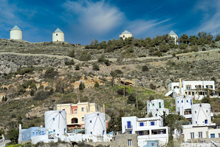 The windmills of Leros island, Greeceの写真素材