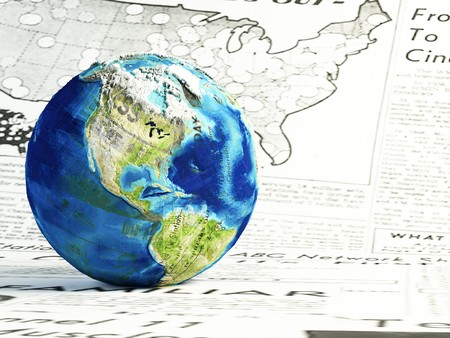 3d render.Global news concept.  earth globe made of differents newspapers on a newspaper page.