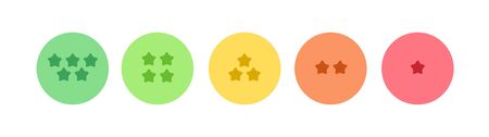 Vector feedback survey flat icon set. Five color star symbol in circle frame button isolated on white background. Design element for marketing research, client testimonail, questionnaire response, webのイラスト素材