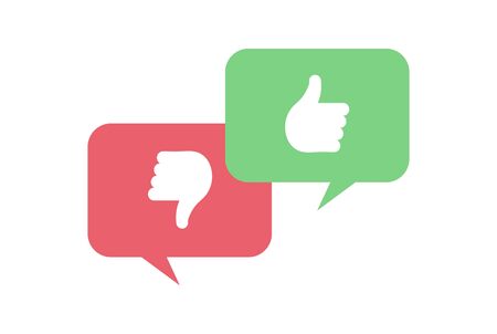 Vector feedback survey flat icon set. Talk bubbles with green thumb up and red thumbs down symbols on white background. Design element for marketing research, client testimonail, response, webのイラスト素材