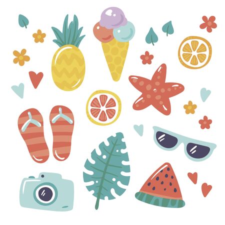 Vector hand-drawn summer icon set. Ice-cream, starfish, sunglasses, camera, photo, lemon, flower,...