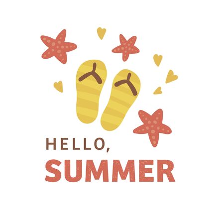 Banner with the text "Hello, summer". Summer poster with colored flat vector icons. Cute doodle illustration of summer vacation. Yellow flip-flops and starfishes surrounded by hearts.のイラスト素材