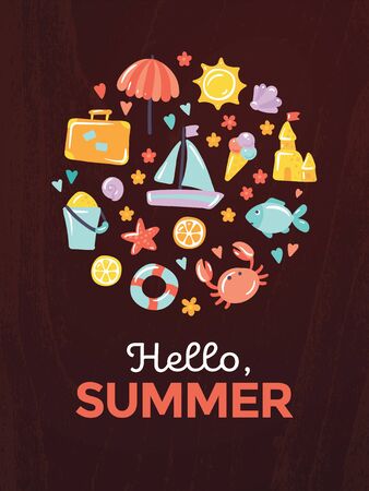 Circle banner "Hello, summer" on black with flat vector icons. Cute illustration for vacation. Sun, umbrella, sand castle, starfish, fish, lifebuoy, lemon, crab, travel case, icecream, cocktail, yachtのイラスト素材