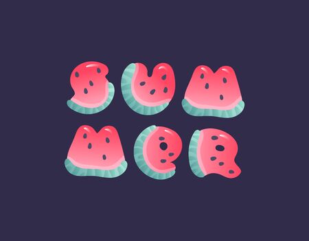 Summer vector watermelon banner. Text summer of red and green fruit shaped letter on black...