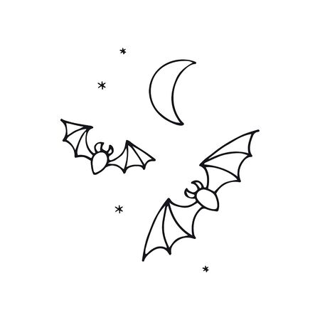 Vector hand drawn cartoon halloween element illustration. Black flying bats in night sky with moon and star symbols isolated on white background. Design holiday poster for party, invitation card, saleのイラスト素材